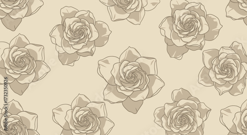 Sepia toned rose flower repeat pattern on a light beige background