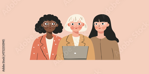 Three diverse women collaborate at a laptop, fostering a spirit of unity. Witnessing the power of collaboration.