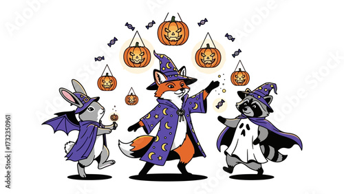 Whimsical Halloween Gathering: A charming illustration presents a fox wizard, a raccoon ghost, and a rabbit vampire engaged in delightful Halloween festivities.