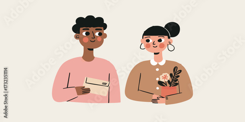 A tender illustration of a couple, sharing a gentle moment. A man is presenting an envelope, and a woman holds a pot with flowers, creating a scene of affection and connection.