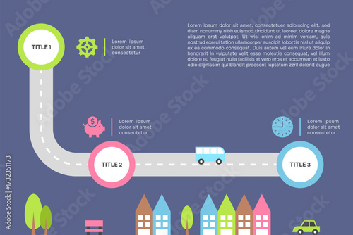 Roadmap Infographic with Three Steps and Colorful Houses