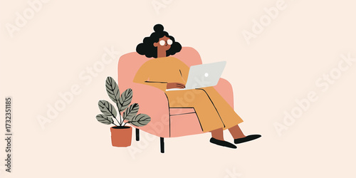 A woman relaxed, working on laptop. a blend of comfort, technology, and creative inspiration. 