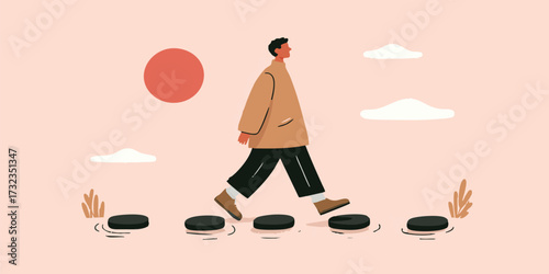 A determined individual confidently navigates a series of stepping stones, representing the journey of personal growth and progress.