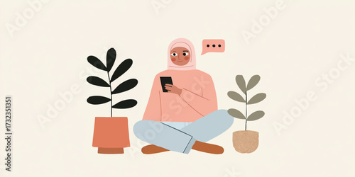 A modern and stylish hijab woman communicates and connects via phone, in this artfully rendered illustration. Capturing the essence of modern communication, social media, and personal connection.