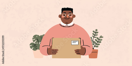 A friendly person with a parcel embraces his delivery, surrounded by cheerful plant and clean background.
