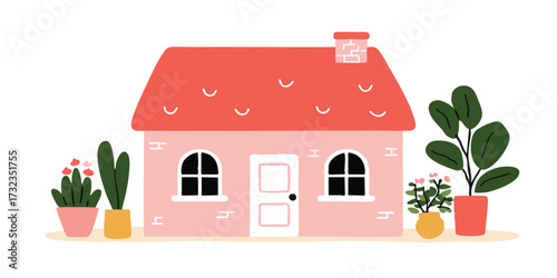 A charming and inviting illustration of a cozy house, surrounded by potted plants. The delightful scene evokes a sense of warmth, comfort, and the joy of home.