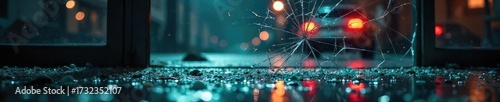 A shattered window, broken glass scattered on the ground, symbolizing the aftermath of a violent crime scene The image evokes feelings of destruction and insecurity , crime, wreck