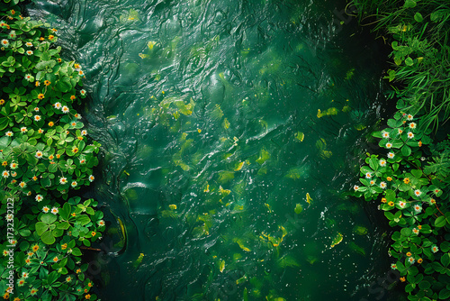 Breathtaking Aerial View of Vibrant Blooming Algae in a Lush Green River with Microscopic Details and Realistic Color Palette