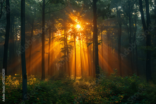 Warm and Invigorating Summer Scene Featuring Sun Rays Illuminating a Lush Green Forest with Vivid Botanical Details