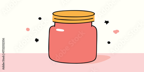 A vibrant jar of homemade jam, filled with a ruby-red concoction, sits on a soft, pink background, evoking the essence of simple, homemade goodness. 