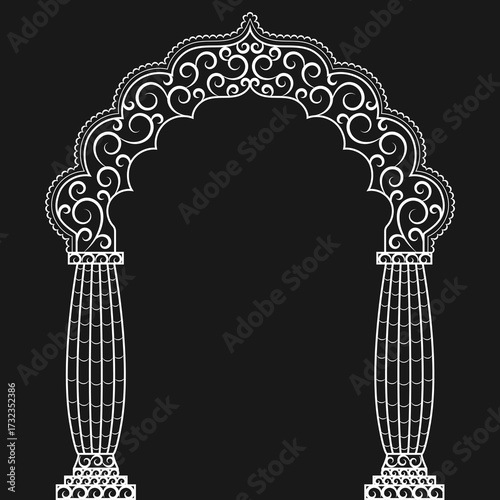 Intricate, monochromatic vertical vector line art featuring a detailed Indian/Moorish archway on decorative columns. Ideal for luxury invitations, Ramadan/Eid or laser-cut projects.