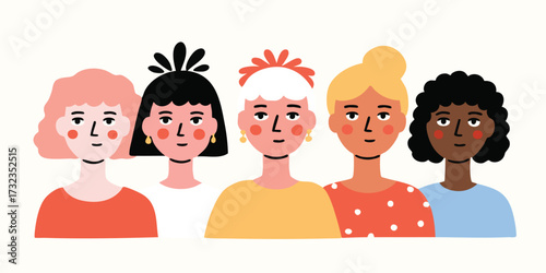 An illustration depicting a group of diverse women, each showcasing unique hairstyles, expressions, and skin tones. This image embodies the beauty of diversity and the strength of unity.