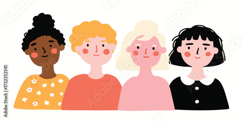 A charming gathering of four diverse women, united in their warmth and togetherness, embodies the essence of female friendship and empowerment, painted with an artistic style.