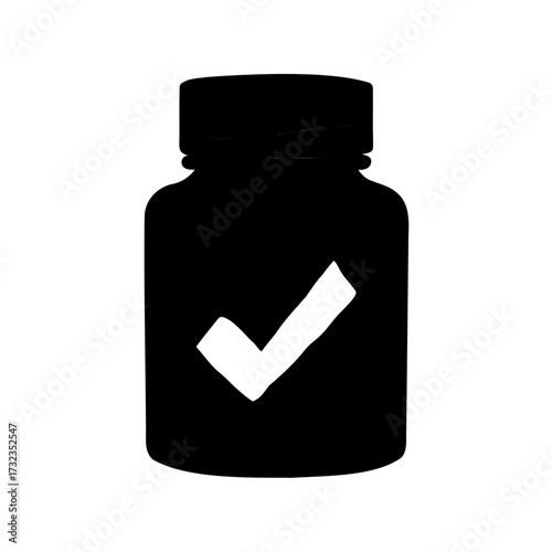 Black and white container or bottle image with a check mark displayed