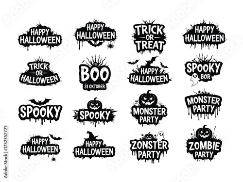 Spooky Halloween Icon Set: A collection of spooky Halloween icons including Halloween text and related symbols to convey a festive feel.