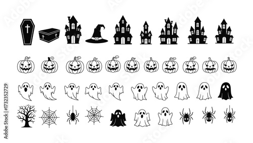 Spooky Halloween Icons: An array of minimalist, black and white Halloween icons, perfectly capturing the essence of fright.