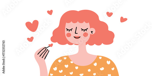 A charming illustration of a smiling woman surrounded by floating hearts, expressing love and joy.