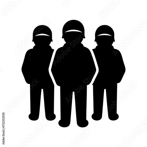 Silhouette of three riot police officers standing in formation against a white background