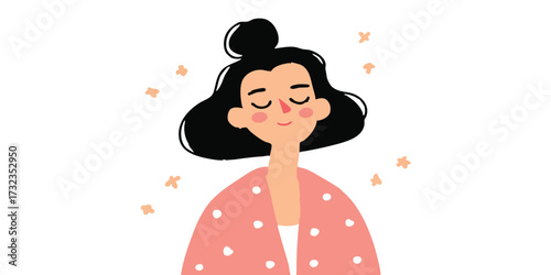 A serene illustration of a woman exuding tranquility and contentment, capturing the essence of peaceful contemplation amidst floating floral accents.