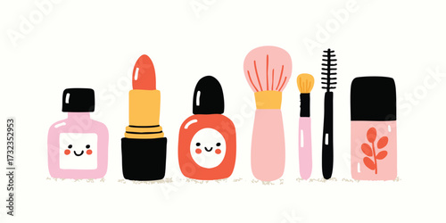 A charming collection of beauty products in a flat design, each with its own unique character and an inviting presence. Perfect for beauty blogs, social media, and cosmetic industry.