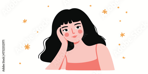 A wistful woman portrait of a pensive woman, surrounded by subtle, twinkling stars, gazing gently, evoking a sense of quiet contemplation and daydreaming.