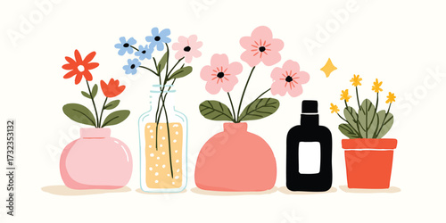 A charming collection of vibrant, hand-drawn flowers in an illustrative scene, blooming gracefully from colorful, decorative vases. A light and airy design.