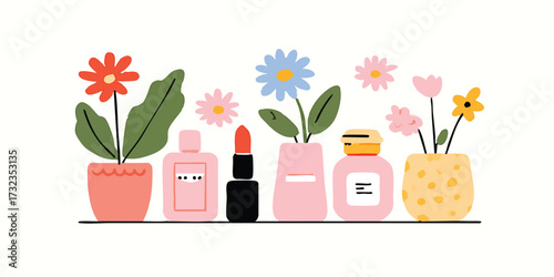 A vibrant, floral still life celebrates beauty and spring with cosmetic products and colorful blooms on display, evoking freshness and feminine beauty.