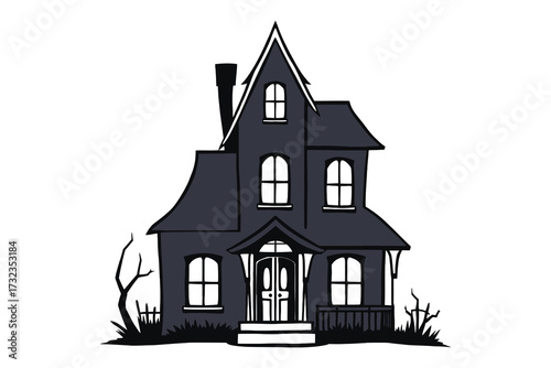 abandoned haunted house two windows pointed roof dark scene