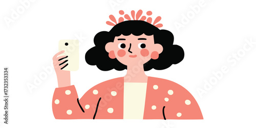 A charming woman in a stylish dotted top, is taking selfie. This captivating illustration showcases a joyful woman, holding her phone high, and wearing an artistic floral accessory. 