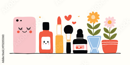 A delightful array of beauty essentials, each with its own charming personality, adorns a minimalist scene, offering a glimpse into the world of beauty and self-care, with artistic flair.