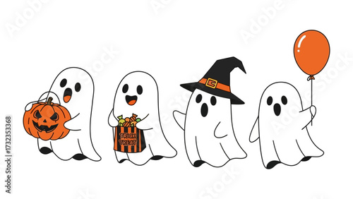 Ghostly Gathering for Halloween: A whimsical scene of cartoonish ghosts, each with their unique accessories – a carved pumpkin, wrapped gift, witch hat, and a floating balloon.