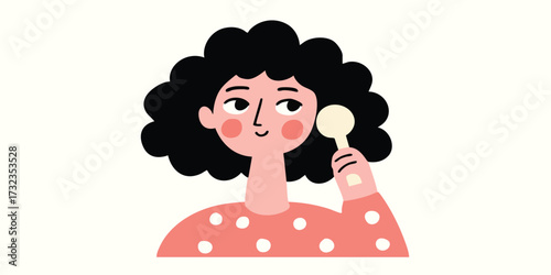 A cheerful individual is depicted in a charming illustration, holding a cosmetic tool as they delicately attend to their skin in this illustrative, engaging scene. 
