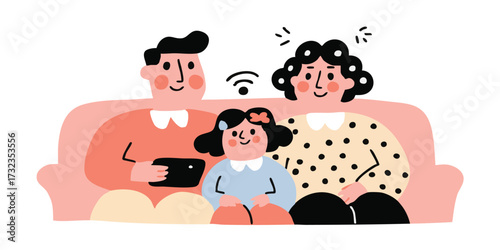A loving family shares a connected moment, sitting together on a cozy sofa, a tablet glowing, wifi signal radiating a sense of togetherness, in this illustration. 