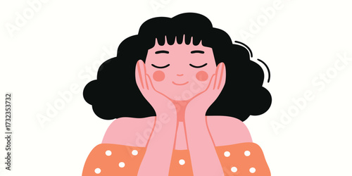 A tranquil illustration captures a woman deep in serene contemplation, her eyes gently closed as she holds her face in her hands. Reflecting on Inner peace, inner calm, and personal well-being.