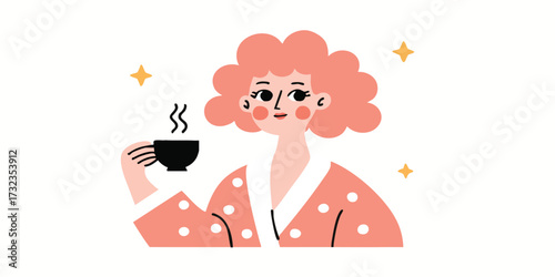 A charming illustration of a woman enjoying a relaxing moment with a warm cup of tea. This delightful artwork exudes warmth and a sense of calm, capturing a serene morning ritual.