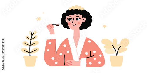 A beautiful woman enjoys self-care by applying makeup in a vibrant and inviting illustrative scene. This artwork captures a sense of inner peace and the celebration of personal style.