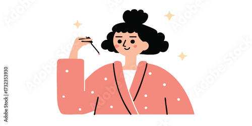 A young woman in a pink robe is doing makeup, demonstrating a calm and enjoyable morning routine.