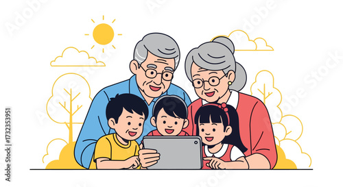 A happy family of grandparents and grandchildren gathered around a digital tablet, smiling.