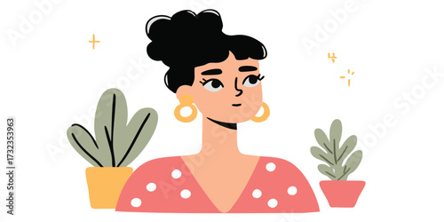 A charming illustration of a woman, surrounded by potted plants, evokes feelings of contemplation and a connection with nature, exuding a sense of calm and poise.