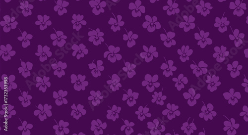 Purple floral pattern with evenly spaced violets on a solid, darker purple backdrop