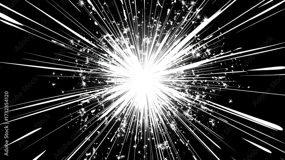 Obraz premium A circular firework explodes, with long trails radiating from the center, suitable for holiday designs, celebration posters, event banners, or digital art that requires vivid visual effects.