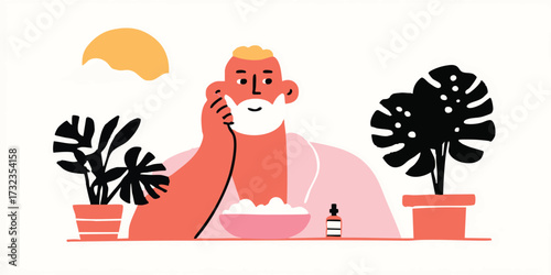 A man finds serene solace in a relaxed spa-like setting with a bowl and botanical elements, while contemplating the essence of self-care.
