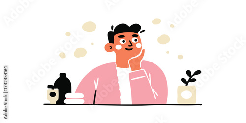 A thoughtful man's self-care routine with various hygiene products, embodying a moment of mindful skincare and grooming. 