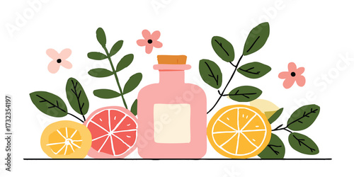 A refreshing and visually appealing scene showcases an aromatherapy arrangement, with a central bottle flanked by colorful citrus fruits, delicate flowers, and lush greenery.