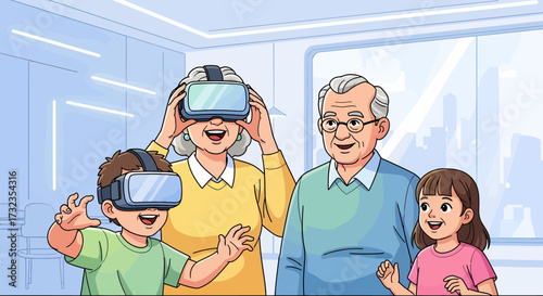 Happy grandparents and grandchildren experiencing virtual reality together, wearing VR headsets in a modern, futuristic room.