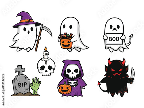 Whimsical Halloween Characters: A collection of charming illustrations featuring playful ghosts, a grim reaper, and a devil, all ready for a spooky celebration of All Hallows' Eve. 