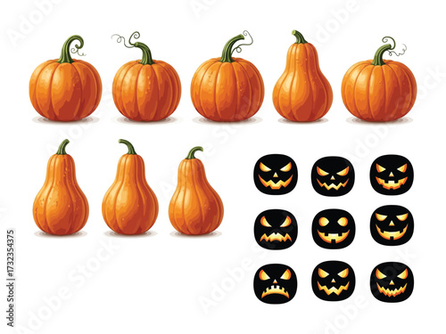 Halloween Pumpkins: A vivid array of pumpkins, in various shapes and sizes, and jack-o'-lanterns, embodying the essence of Halloween, create a festive atmosphere.