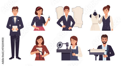 A set of illustrations depicting various individuals involved in the tailoring and fashion design process.
