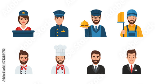 A collection of eight illustrated avatars representing various professions, including hospitality, culinary, and construction.