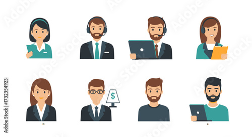 A collection of diverse, illustrated people, some wearing headsets, holding devices, and working.